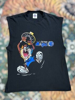Vintage 90s Looney Toons Taz Orlando Magic NBA Graphic Sleeveless Shirt Black XL